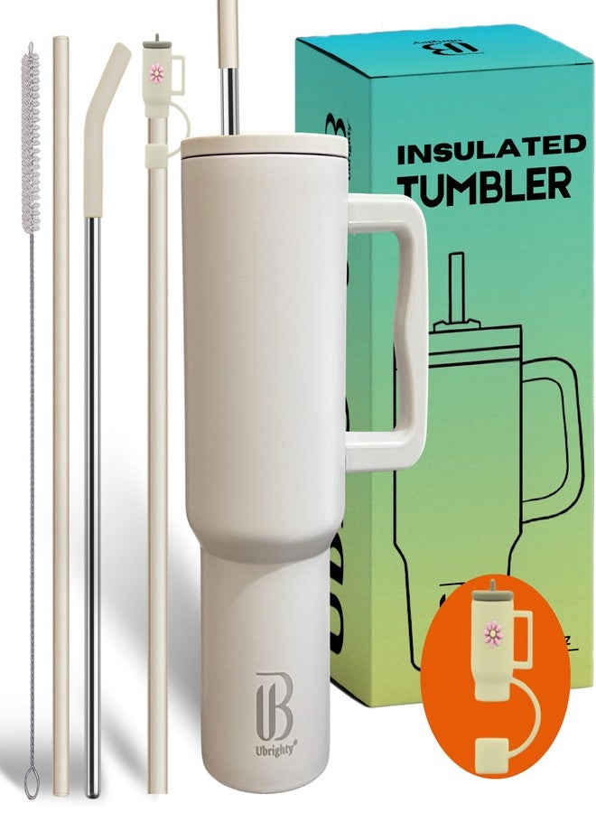 Ubrighty Tumbler With Straw And Lid | Single Ps Sipper Bottle | 1200ML Stainless Steel Water Tumbler Insulated Hot And Cold With Handle Leak Proof Cup Cupholder For Gym office Travelling women (CREEM) - Image 1